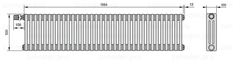 Схема (чертеж) Радиатор Zehnder Charleston 3050/34 №V012 Белый глянцевый RAL 9016